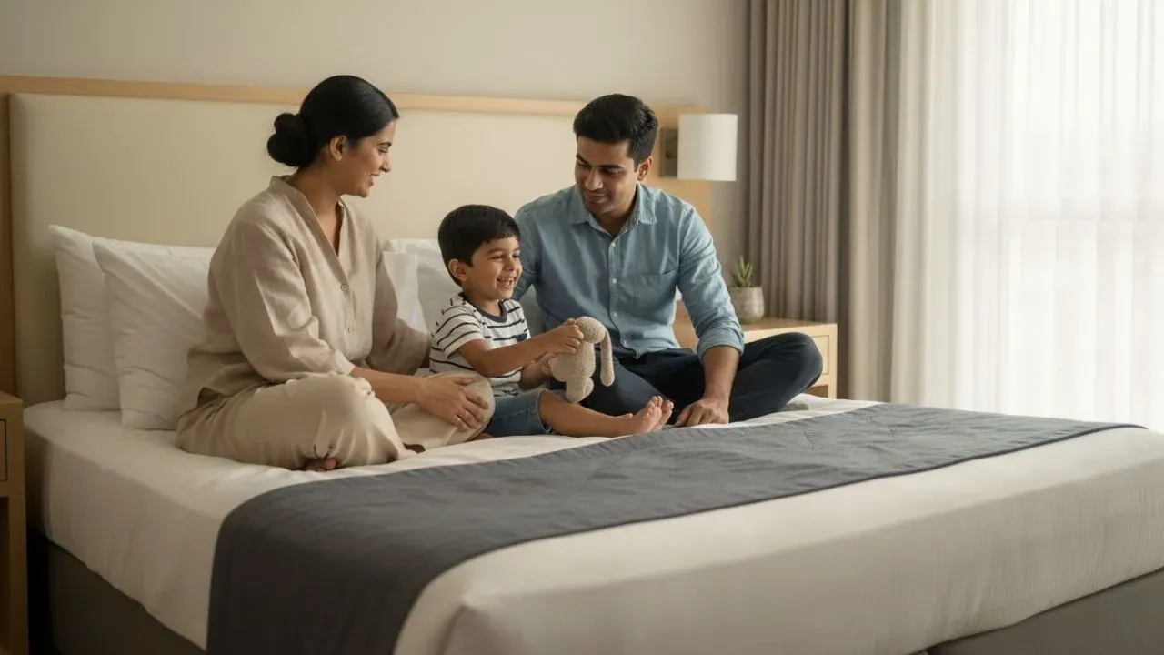 A happy family inside a hotel room.