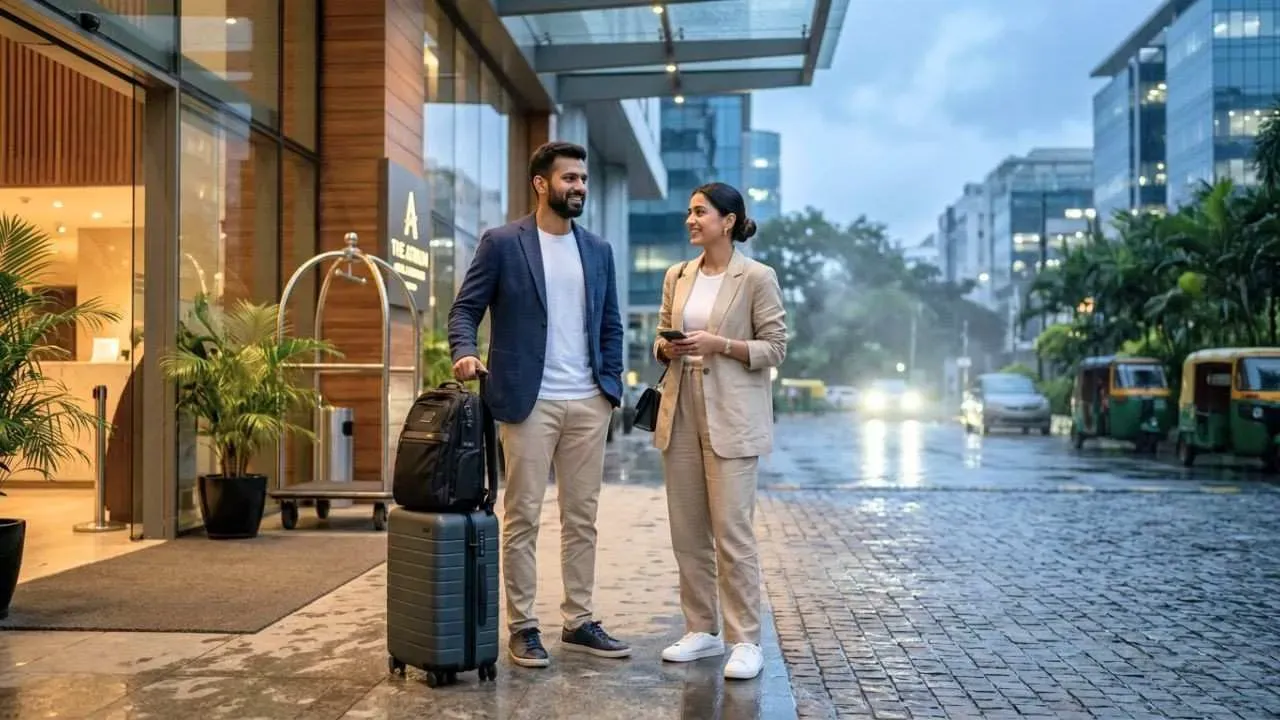 A happy couple during bleisure travel.