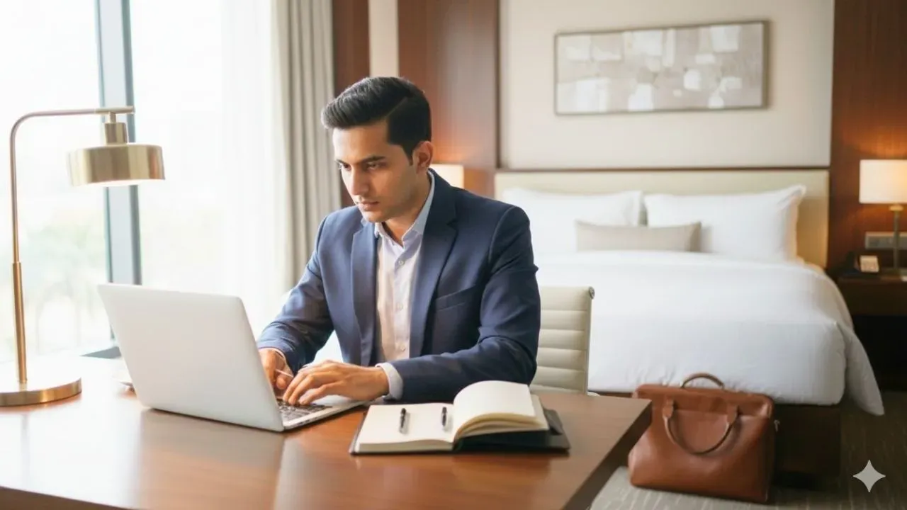 Business traveller working in a hotel room.