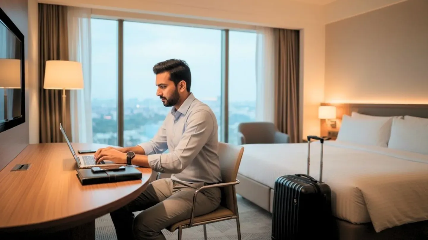 A corporate traveller working in a hotel room.