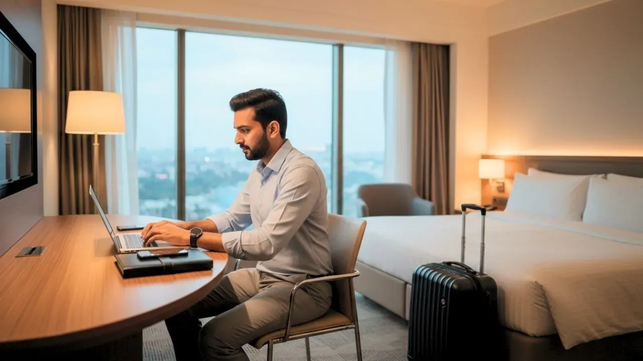 Business traveller inside a hotel room.