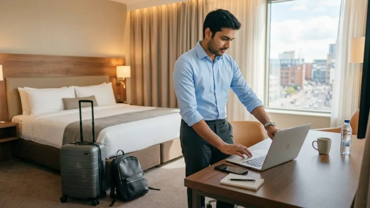 A business traveller working at a work-friendly hotel room.