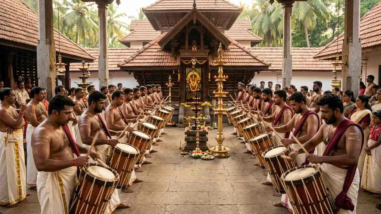 Chenda Melam performance at a temple in Kerala.