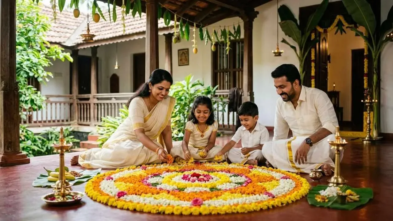A family arranging colourful pookalam at their home.