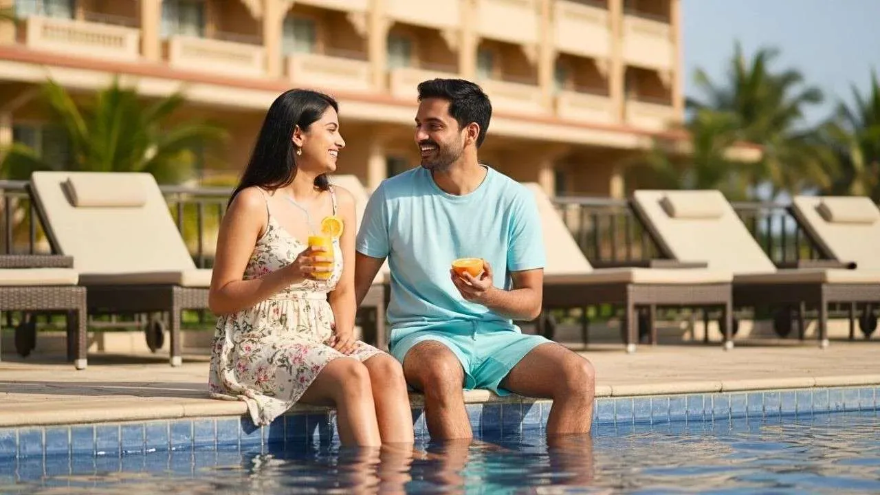 Luxury hotel with a swimming pool.