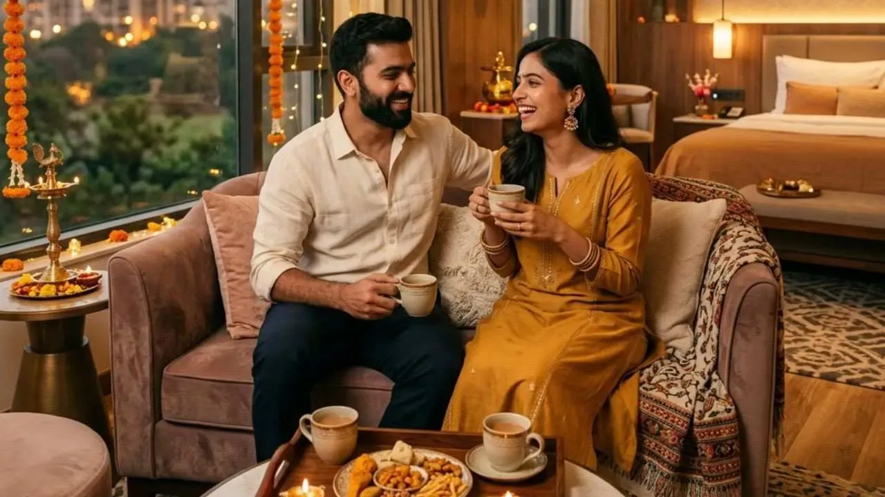 A happy couple enjoying a festive staycation.