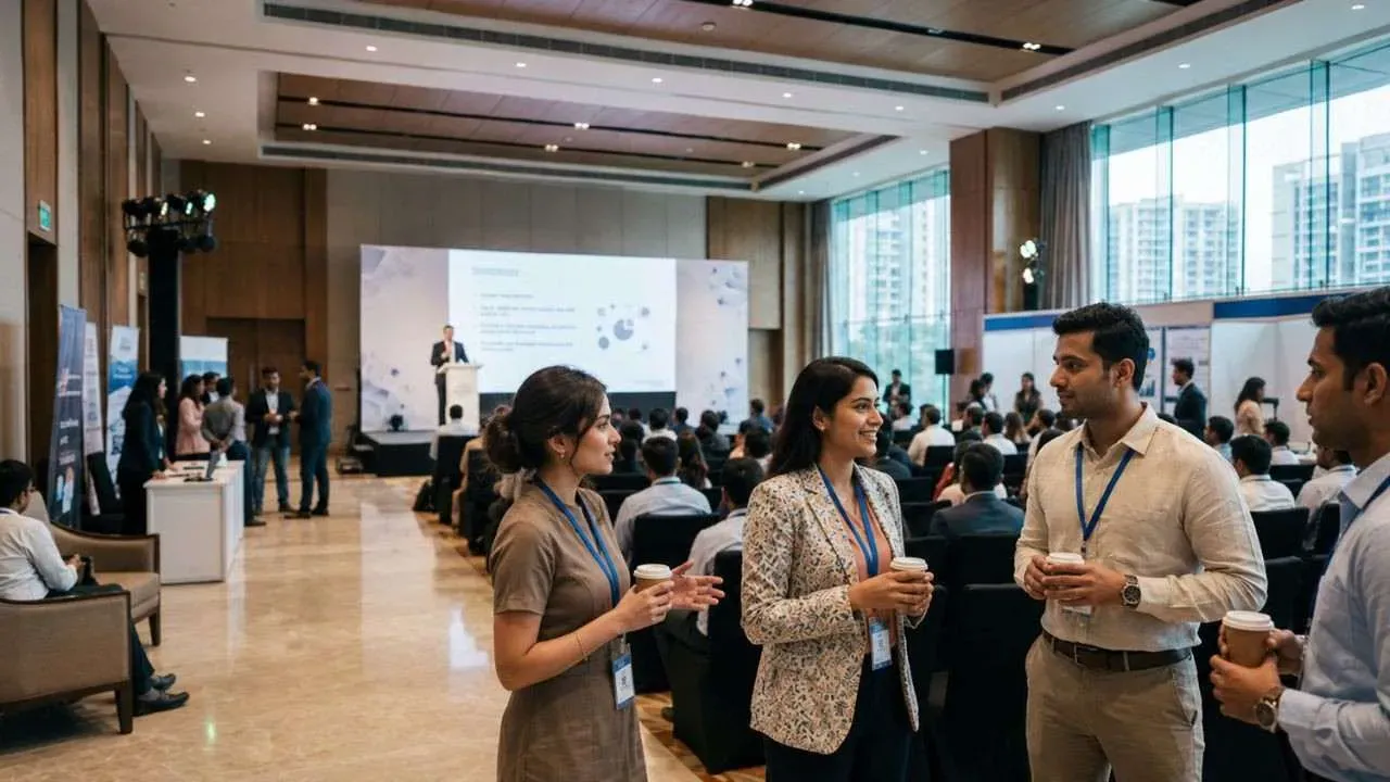 Participants are engaged in a discussion at a corporate MICE event venue.