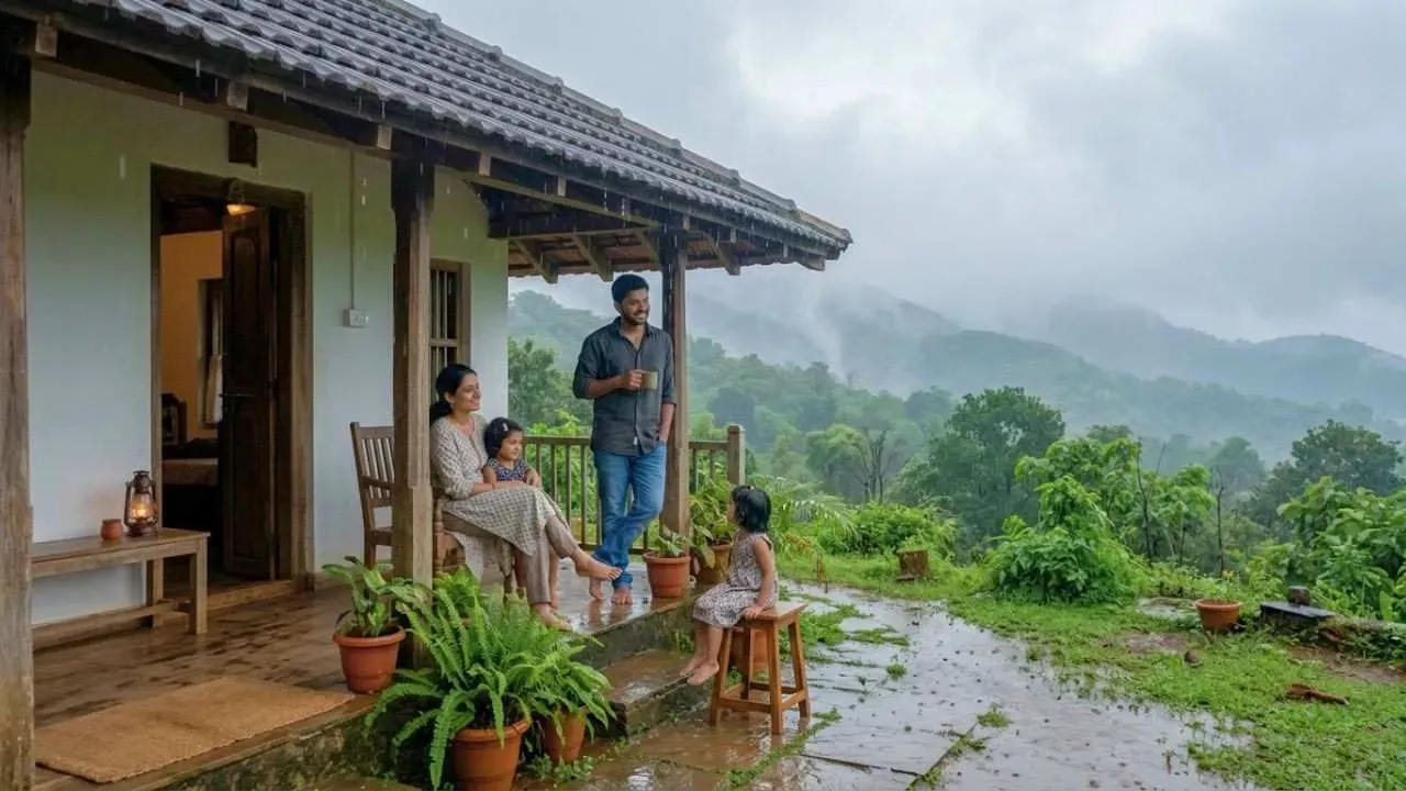 A family enjoying monsoon at a homestay