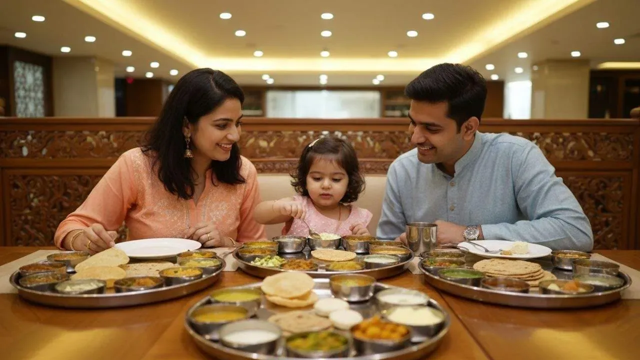Family enjoying traditional thali.