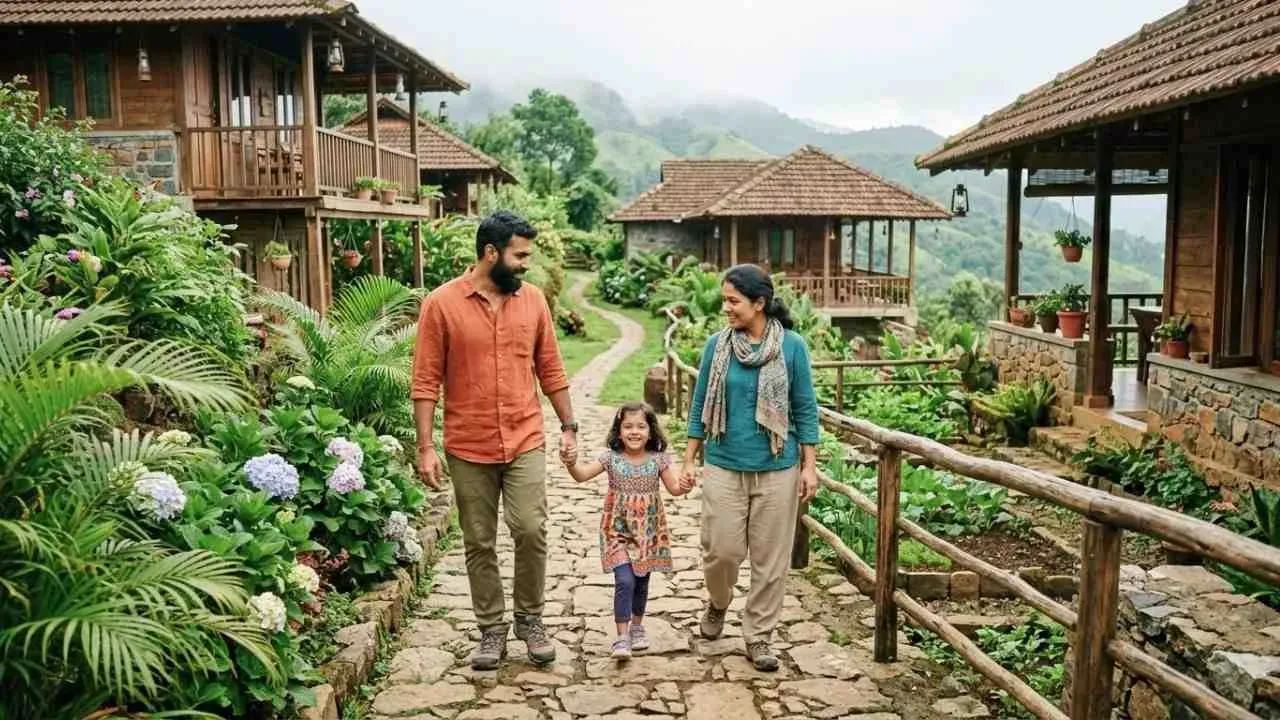 A happy family walking on a pavered path amidst eco-friendly homestays.