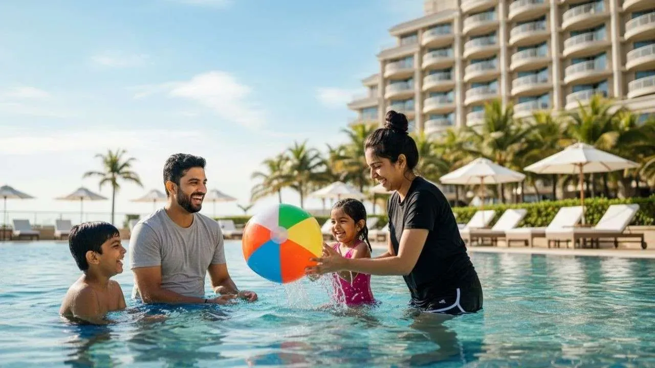 A family enjoying at a luxury hotel pool.