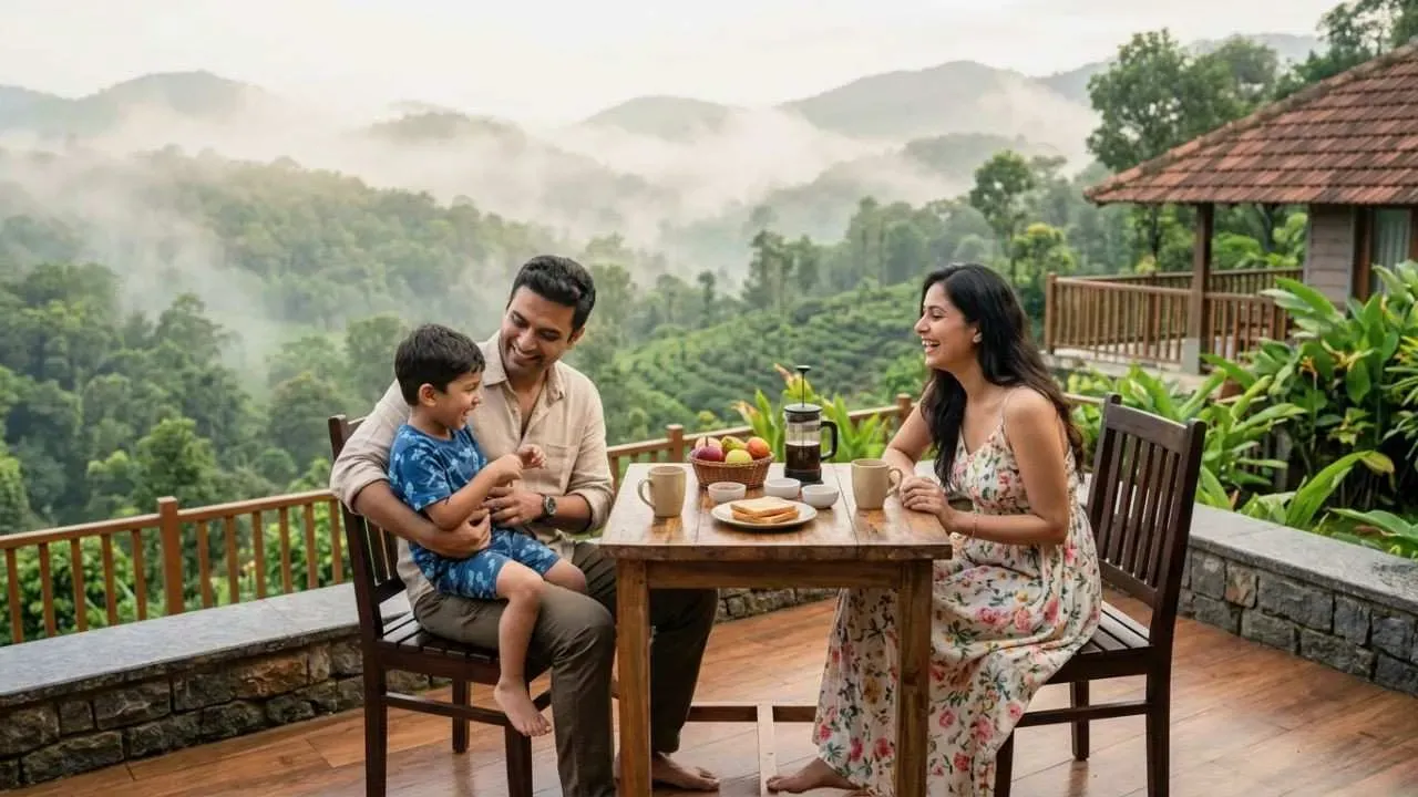 A family enjoying at a resort in Coorg.