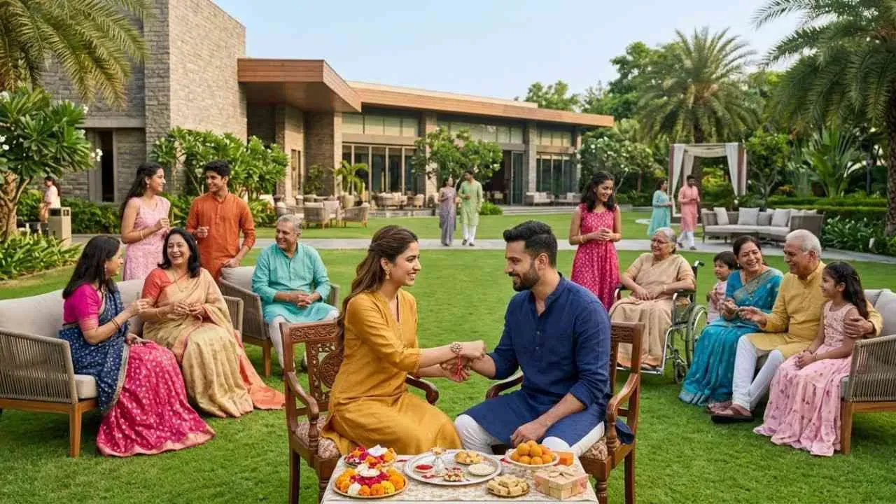 A family reunion on Raksha Bandhan at a resort lawn.