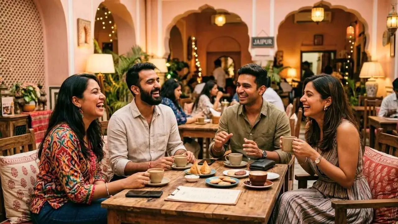A candid of friends, two boys and two girls, inside a cafe in Jaipur.