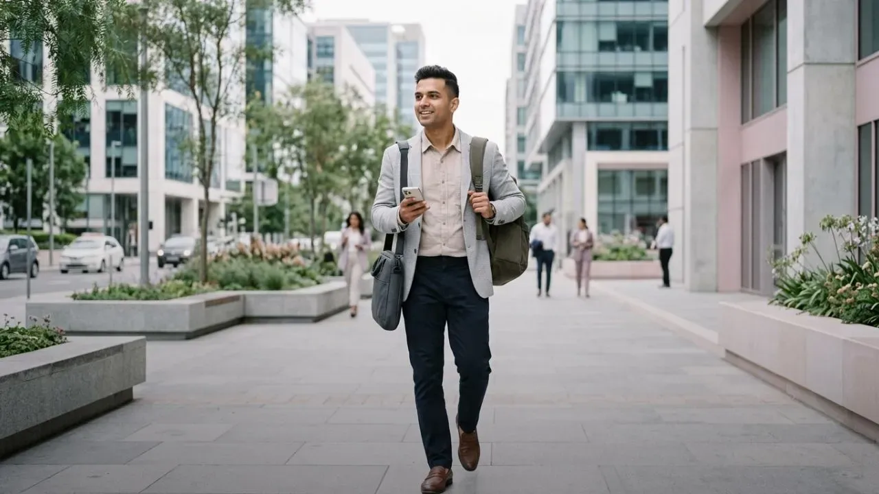 A happy corporate traveller walking on a foot path, amidst several buildings.
