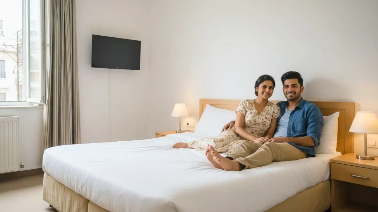 Happy couple in a hotel room.