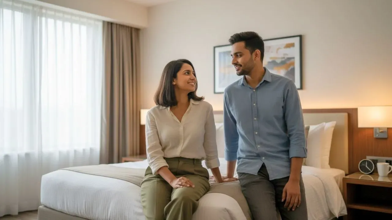 Couple at a couple-friendly hotel room.