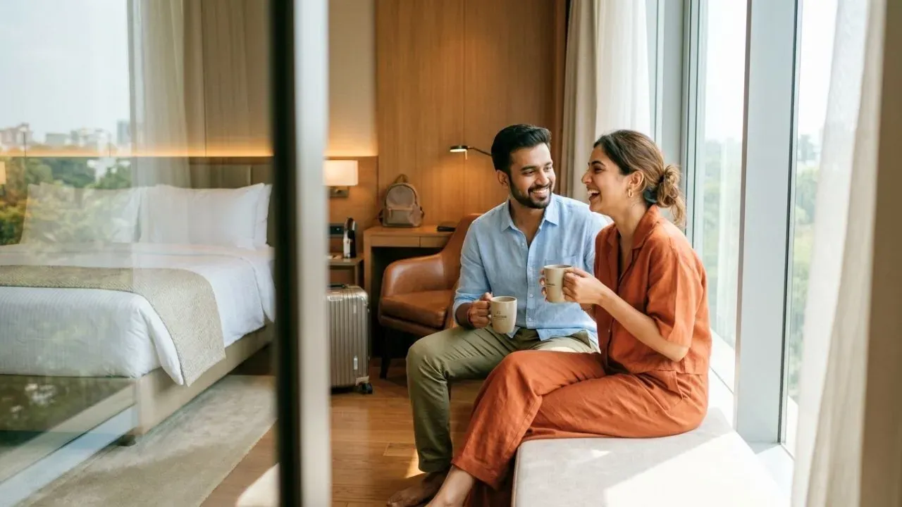 Happy Indian couple in a luxury couple-friendly accommodation.
