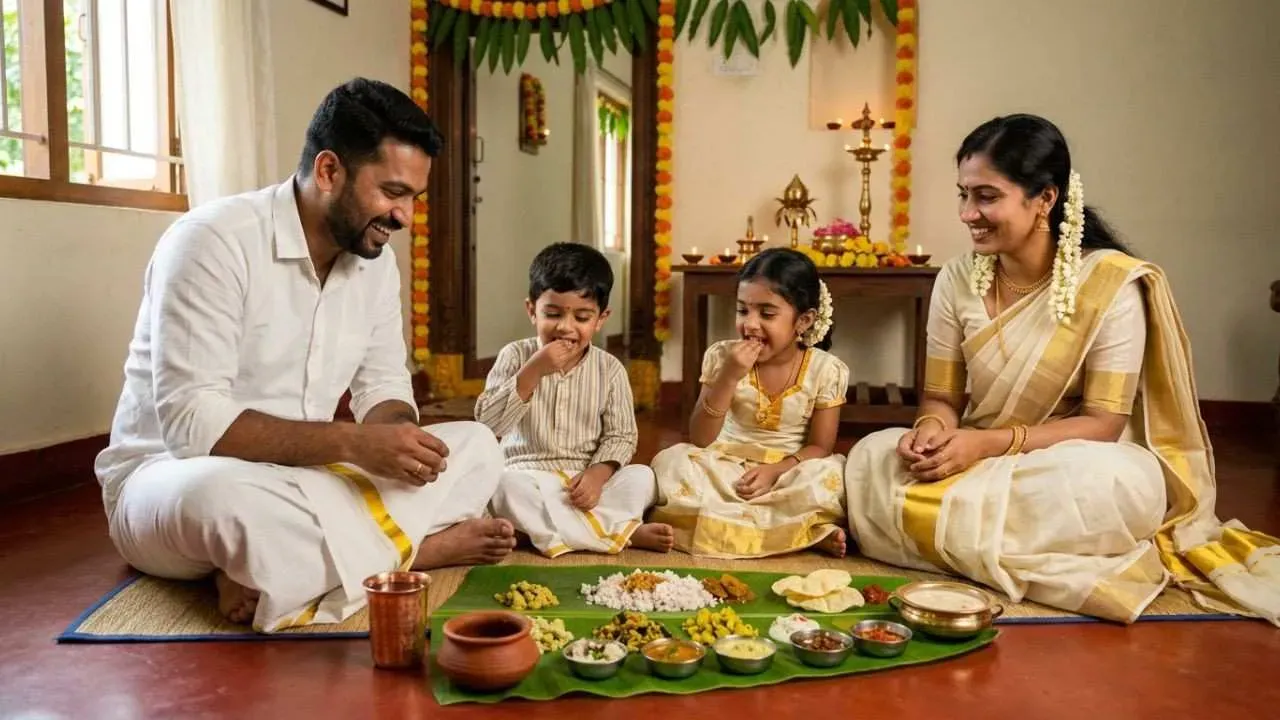 A happy family enjoying the delicious Onam sadhya with their kids.