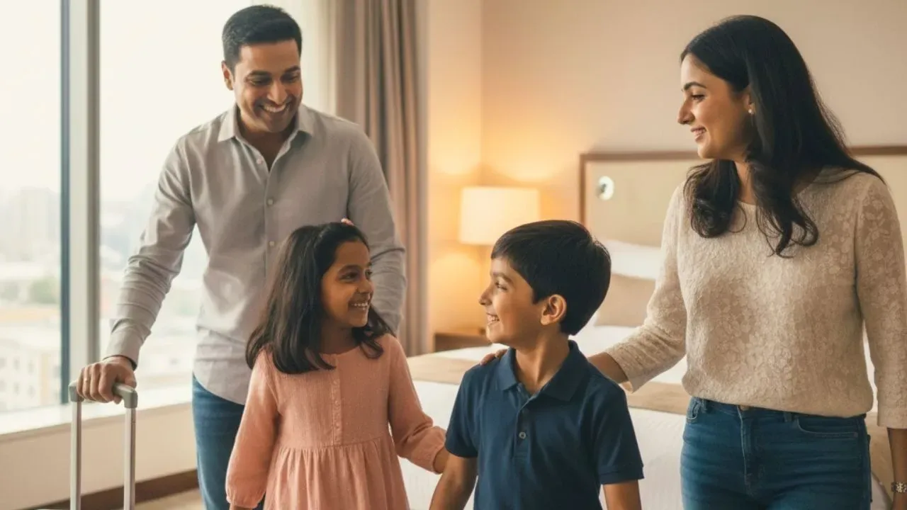 Happy family in a hotel room.