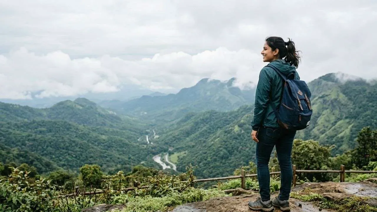 A woman traveller enjoying the surrounding green landscape.