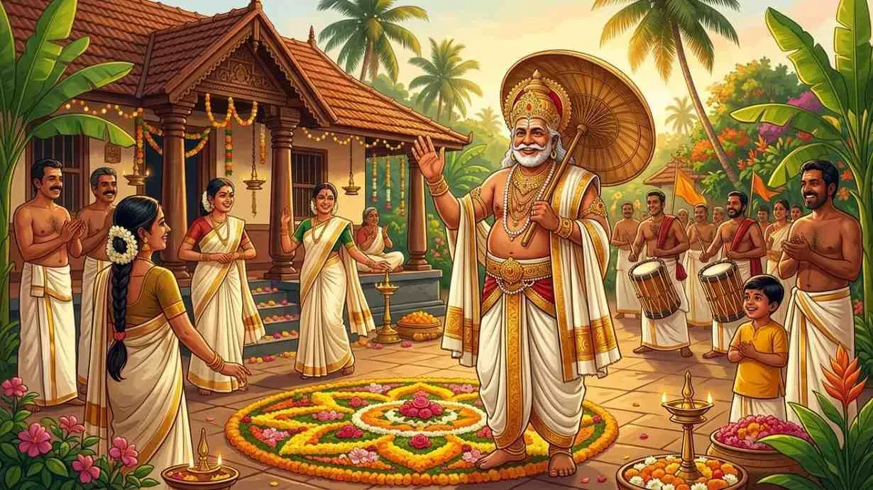 An illustration of Maveli visiting a home in Kerala, during Onam.