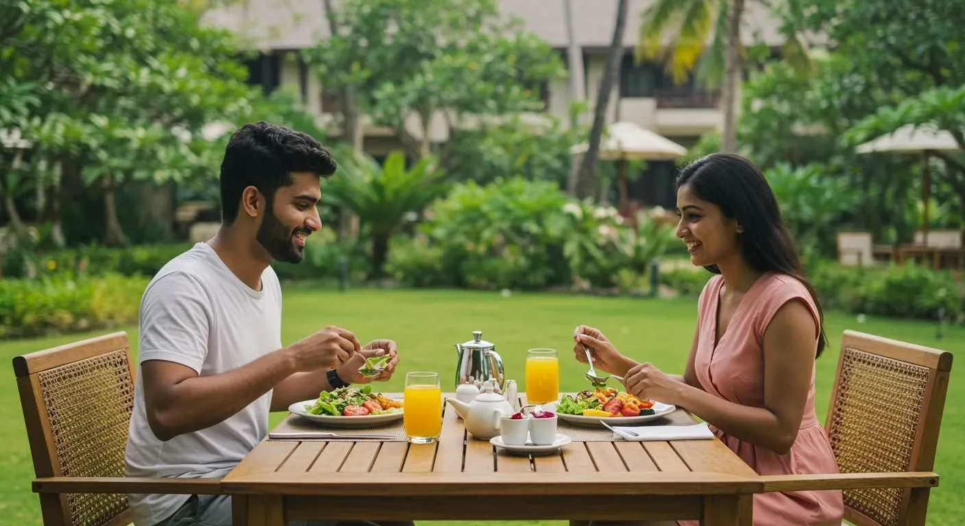 Indian couple enjoying healthy food in a resort