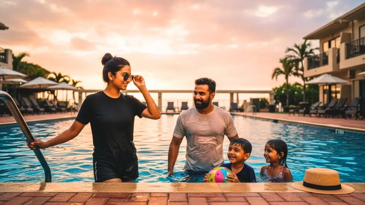 Indian family enjoying at a swimming pool
