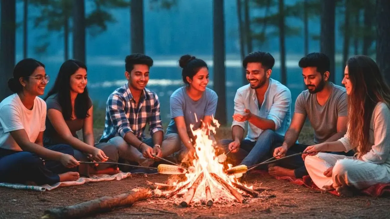Group of friends enjoying a camp fire at a resort