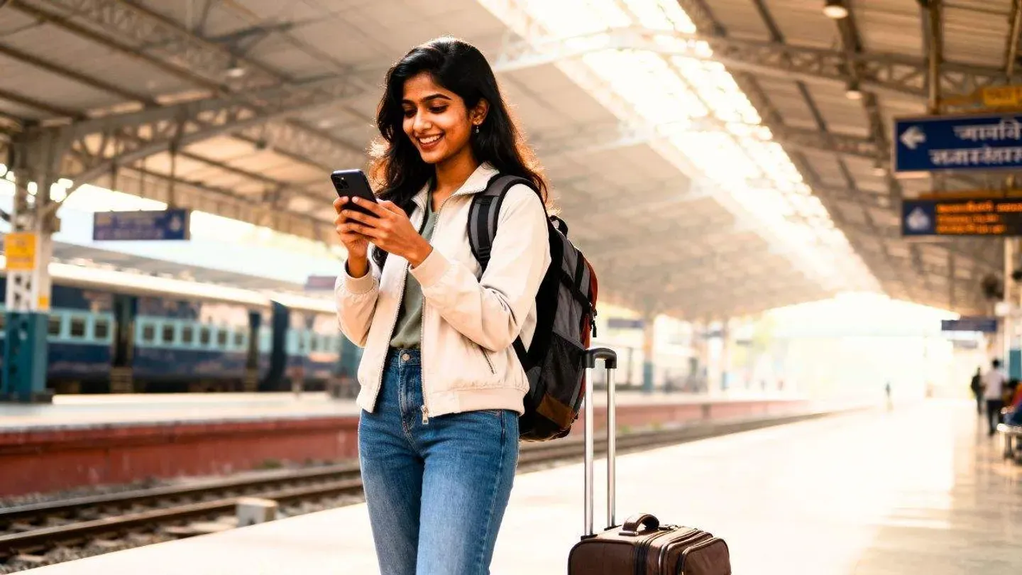 A woman traveller using a mobile platform to plan her travel.