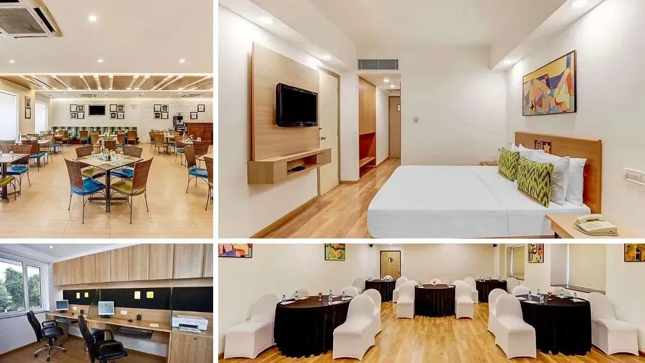 Accommodation, restaurant, and work space offered at the Lemon Tree Hotel, Navrangpura.