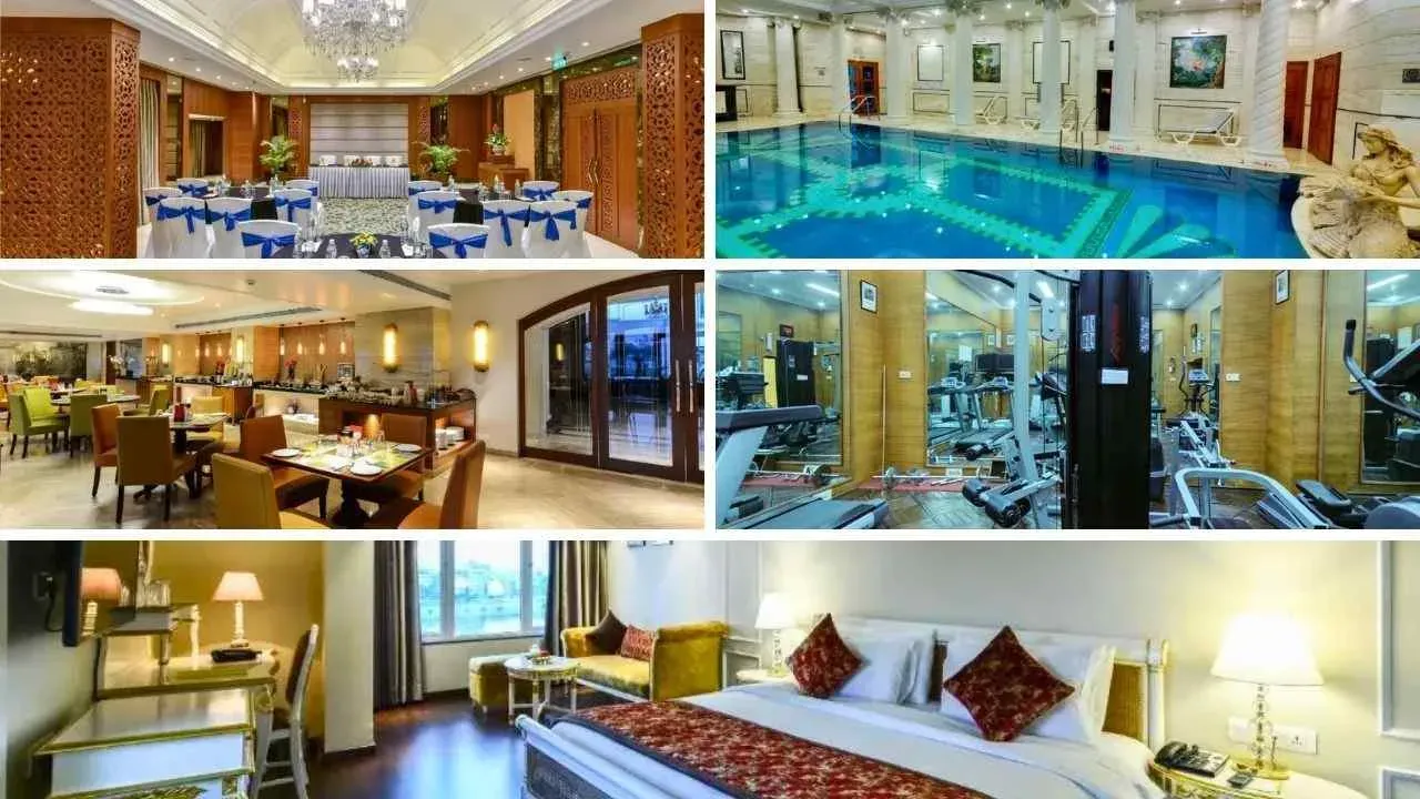 Several amenities offered at the Lemon Tree Premier, The Atrium, Sabarmati Riverfront, including banquet hall, swimming pool, and gym.