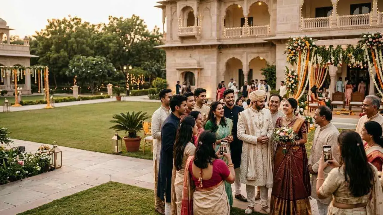 A candid of happy, newly married couples at a destination wedding venue.