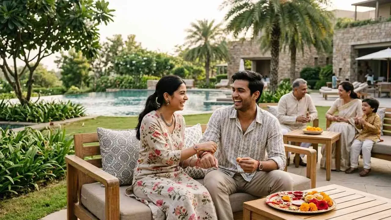 Siblings enjoying Raksha Bandhan at a staycation. Beside them are their family enjoying the moment.