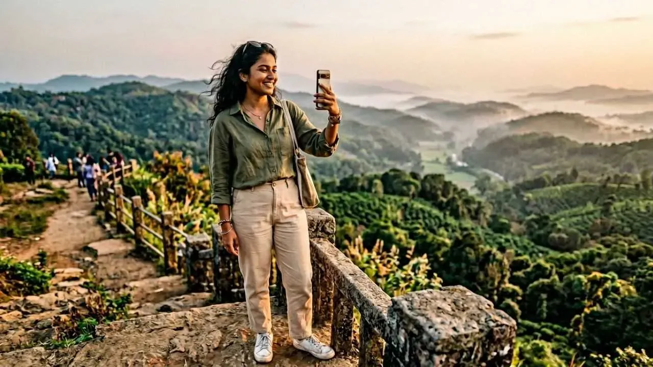 Girl using social media to update travel