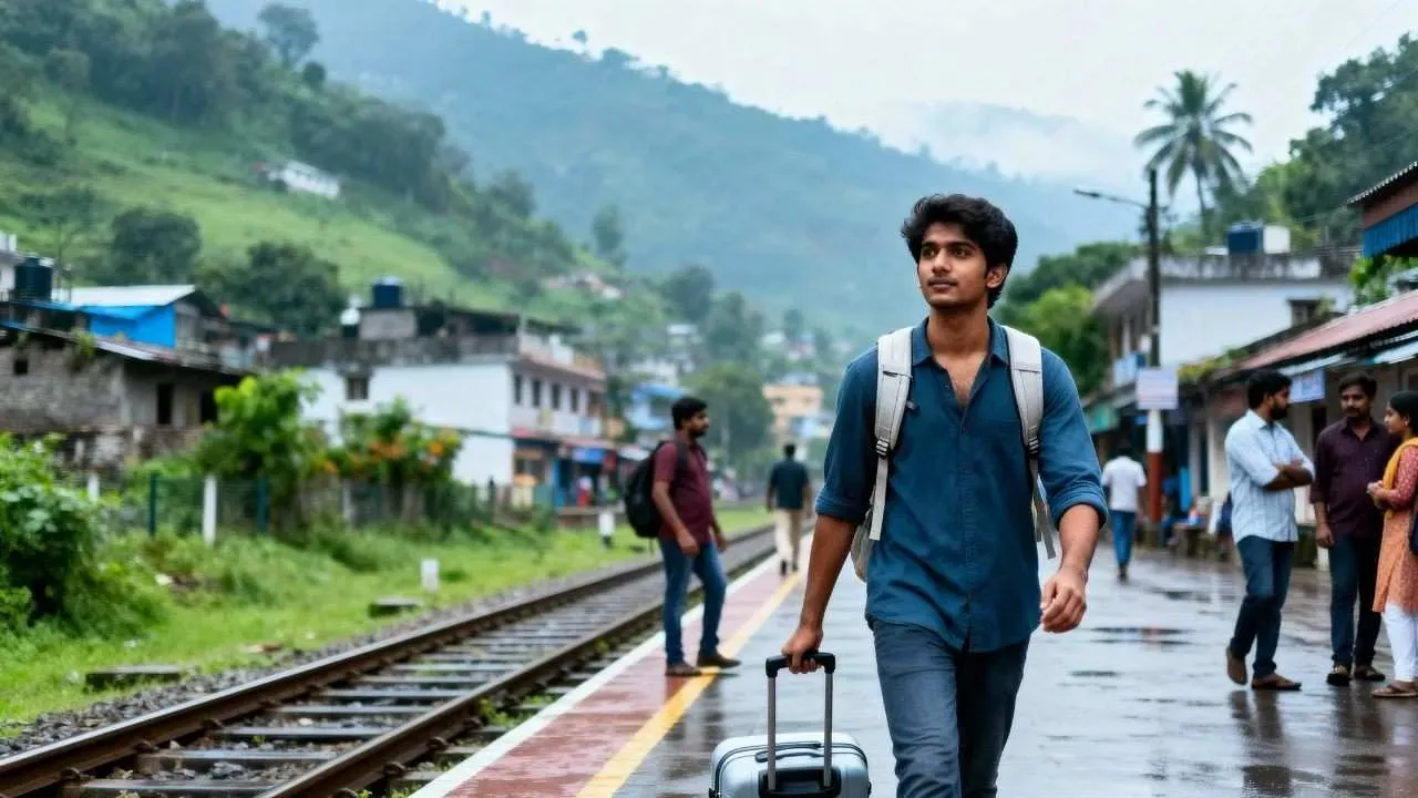 A solo traveller walking on a railway platform.