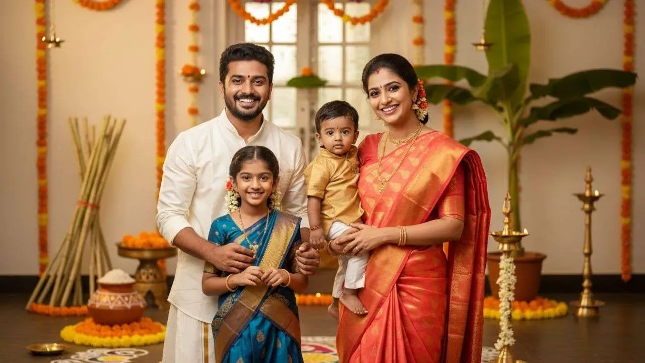 Tamil family posing happily during Pongal