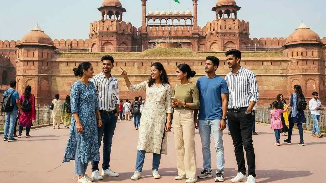 Travellers in front of Red Fort