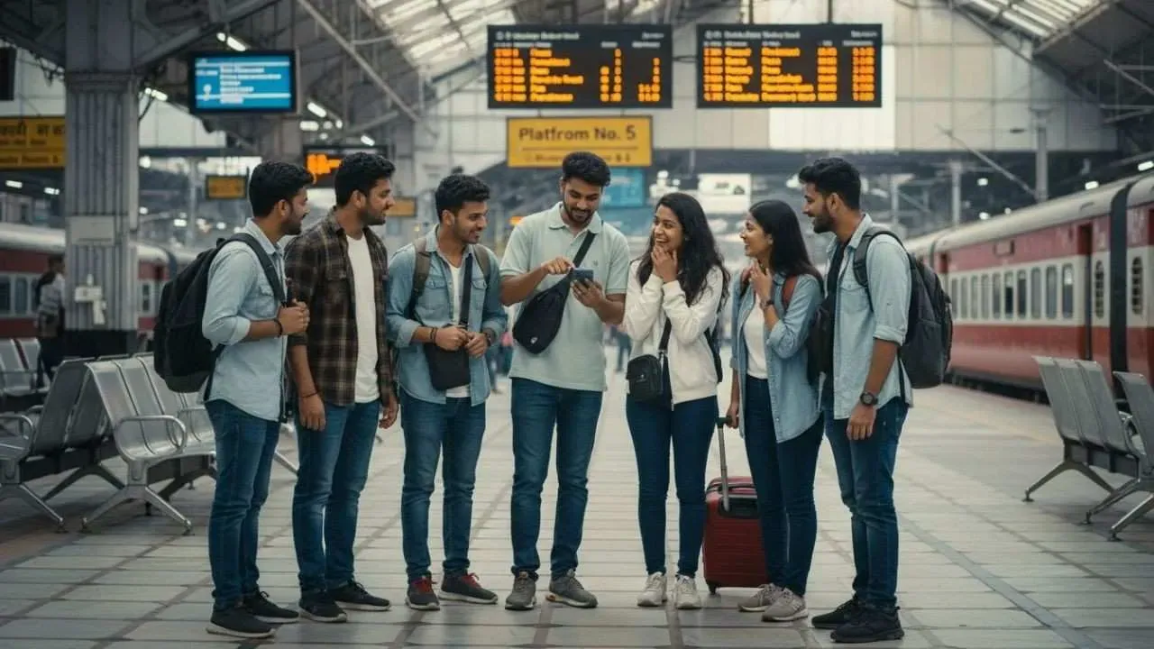 A group of travellers inside a railway station