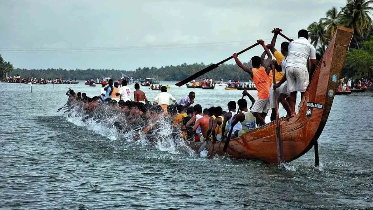 Players aggressively rowing the boat during a Vallam Kali.