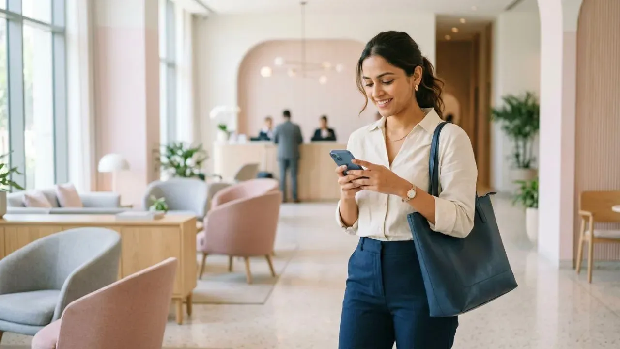 A woman corporate traveller using a mobile-friendly platform for her corporate travel related needs.