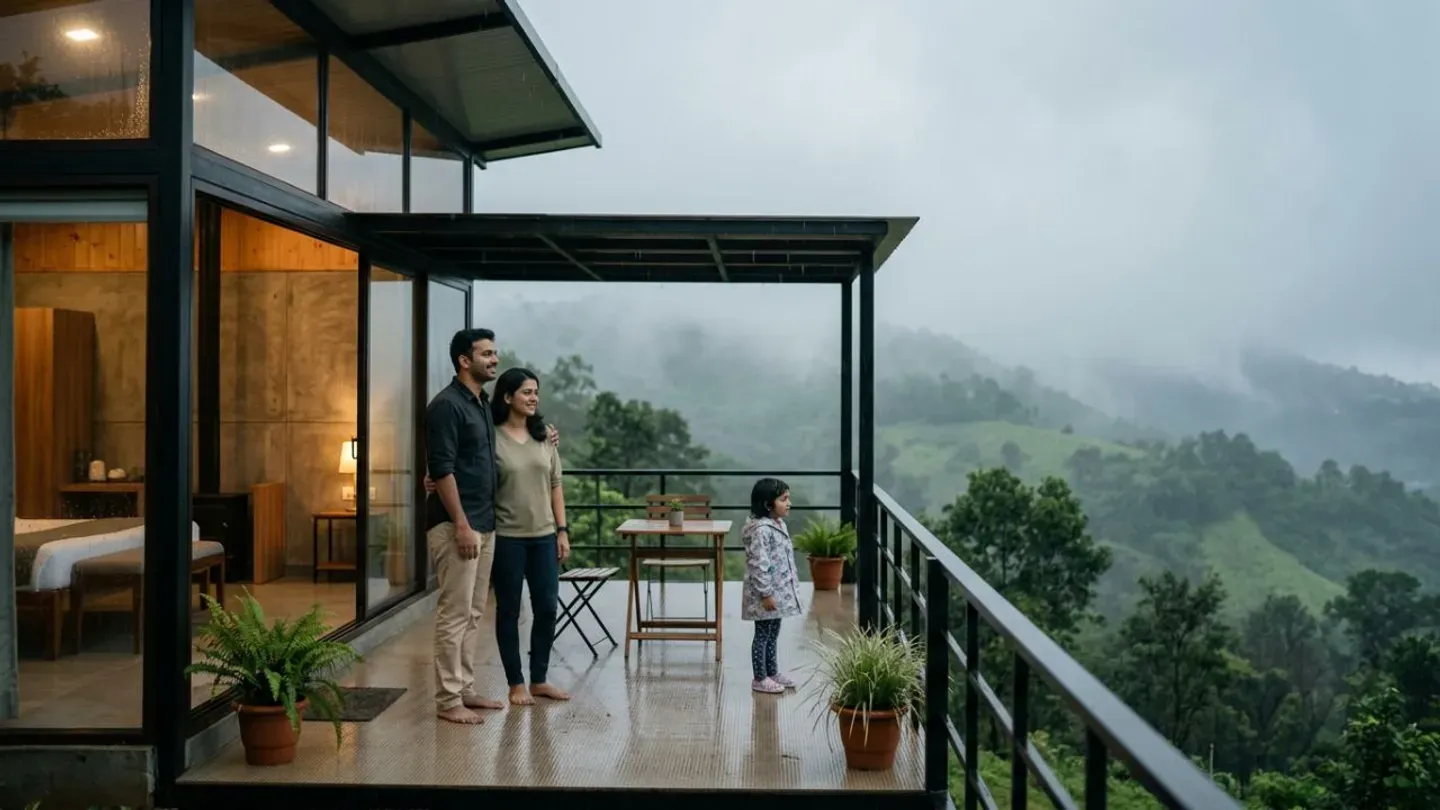 A family enjoying scenic hill views in misty weather.
