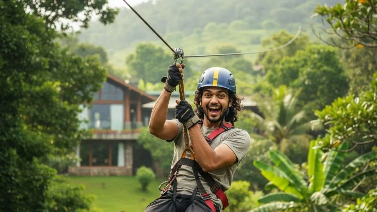 A man ziplining at a resort