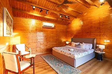 online room booking in ladpur, alwar - elivaas riveria hills 3 bhk wooden cottage with lush garden & pvt pool