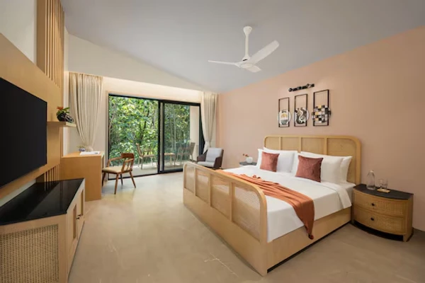 hotel with bar in vagator, goa - elivaas cloud 7 waves 4 bhk with private  pool vagator
