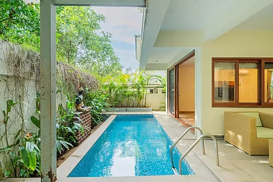 hotel with free parking in marna siolim, goa - elivaas judiline villa 3 bhk with pool & bar