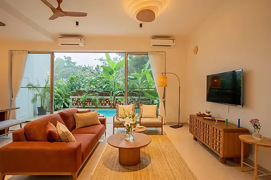 hotel in vagator, goa for family - elivaas mirai gemini 3 bhk with private pool  vagator