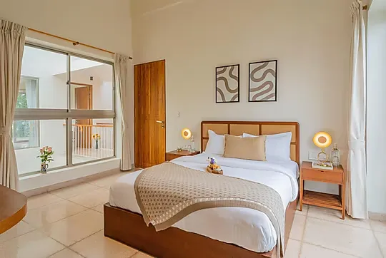 hotel with gym in vagator, goa - elivaas mirai gemini 3 bhk with private pool  vagator