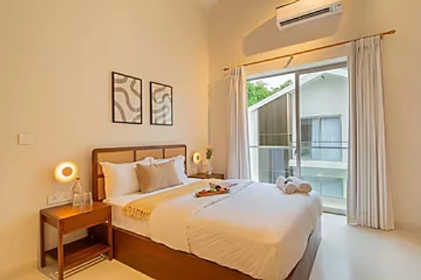 budget hotel in vagator, goa - elivaas mirai leo 3 bhk villa with private pool in vagator