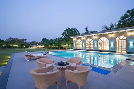 jacuzzi hotel in sohna road, gurugram - elivaas enchantia 6 bhk farmhouse with pvt pool & garden gurugram